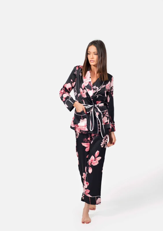 Be Cosy satin PJ in black and pink floral print