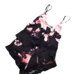 BeCosy satin shorts PJ set in black and pink floral print