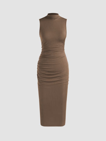Brown High Neck Midi Dress