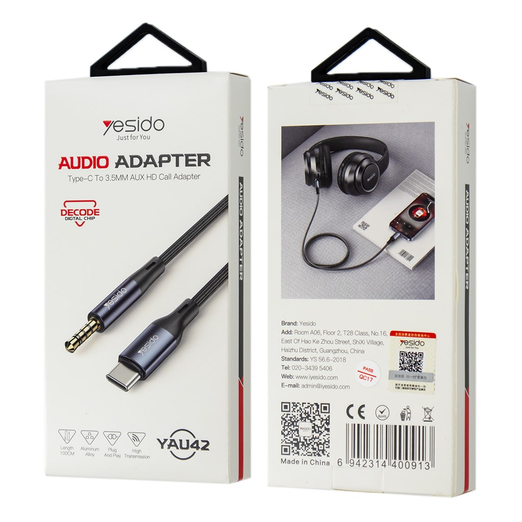 Type C to Audio 3.5mm Cable, Black, Yesido YAU42