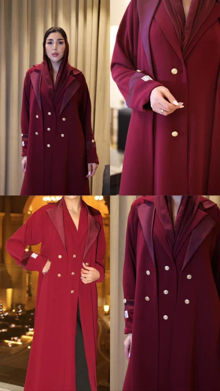 Luxury Burgundy Long Coat with Satin Accents