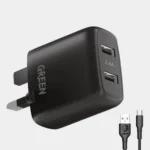 Green Lion Charger Dual USB Port Wall Charger 12W UK with PVC Type-C Cable ? Black