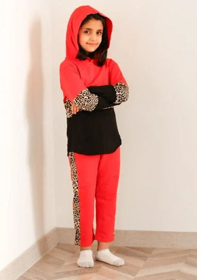 BeCosy girl's red long sleeve and hoodie cotton set with tiger print