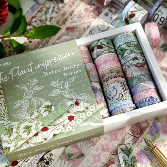 Retro Fresh Plant Impression Washi Tape Set, 20 Rolls/Box