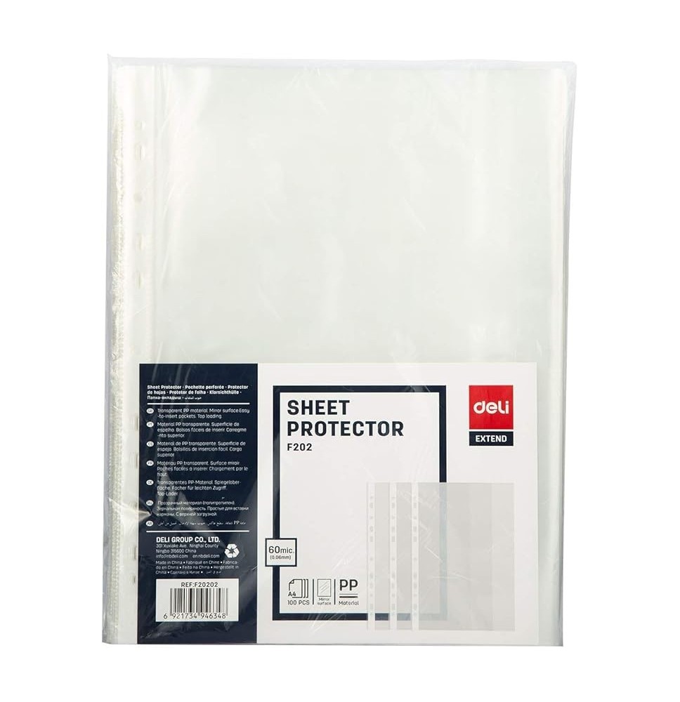 Deli Extend Sheet Protector 100Pcs/60Mic A4 1Pck