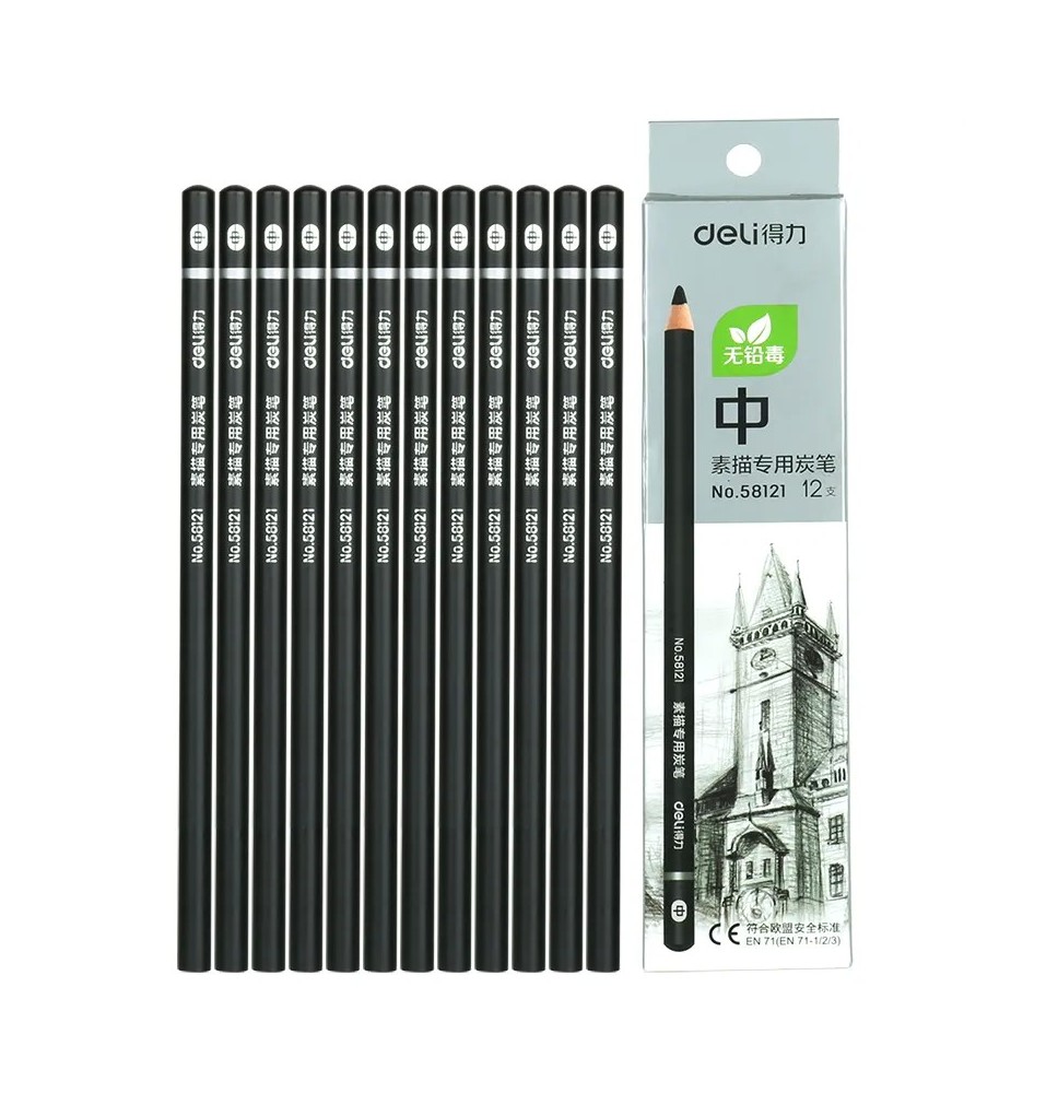 Deli Charcoal Pencil 12Pc 1Pck