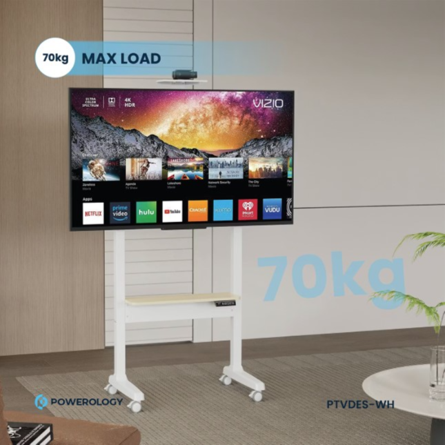 Powerology Electric TV Stand, 118-158cm Adjustable Height, 70kg Max Load - White