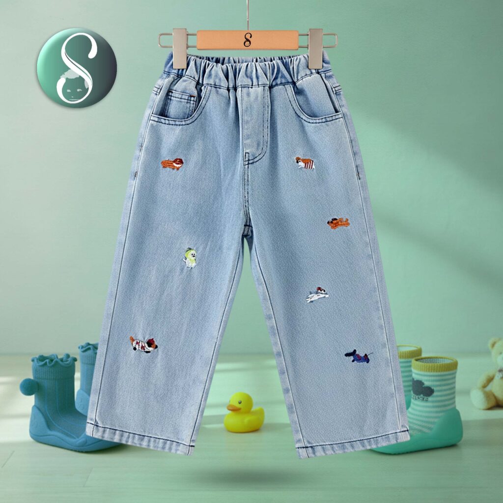 Baby Toddler Animal Plant Embroidered Denim Pants (Animal)