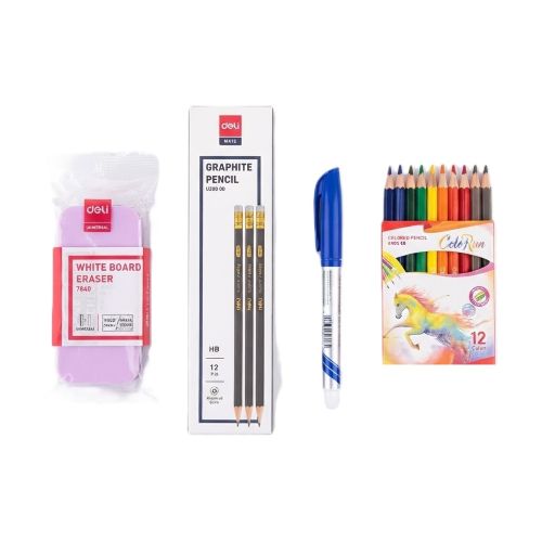 Deli 4-in-1 Stationery Value Pack – Colored Pencils, Graphite Pencils, Marker & Whiteboard Eraser
