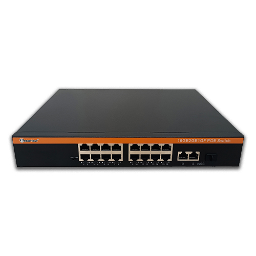 Secuview 200W 16-Port Gigabit PoE Switch with 2 Uplink + 1 SFP Ports.