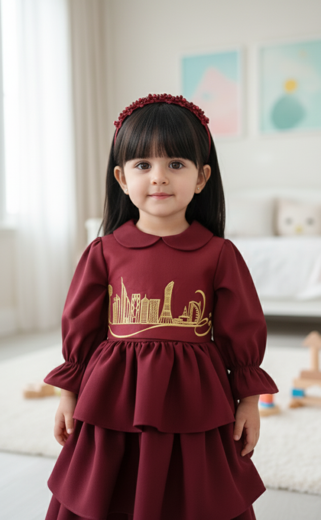 Girls’ Elegant Maroon Dress for Qatar National Day