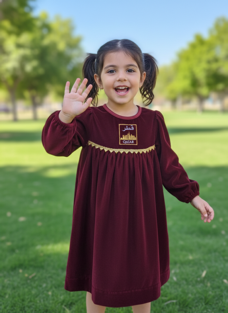 Maroon Velvet Smocked Qatari Dress