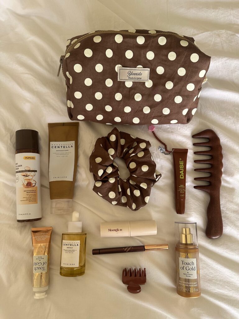 brown and white polka dot pattern Makeup & Skincare Bag