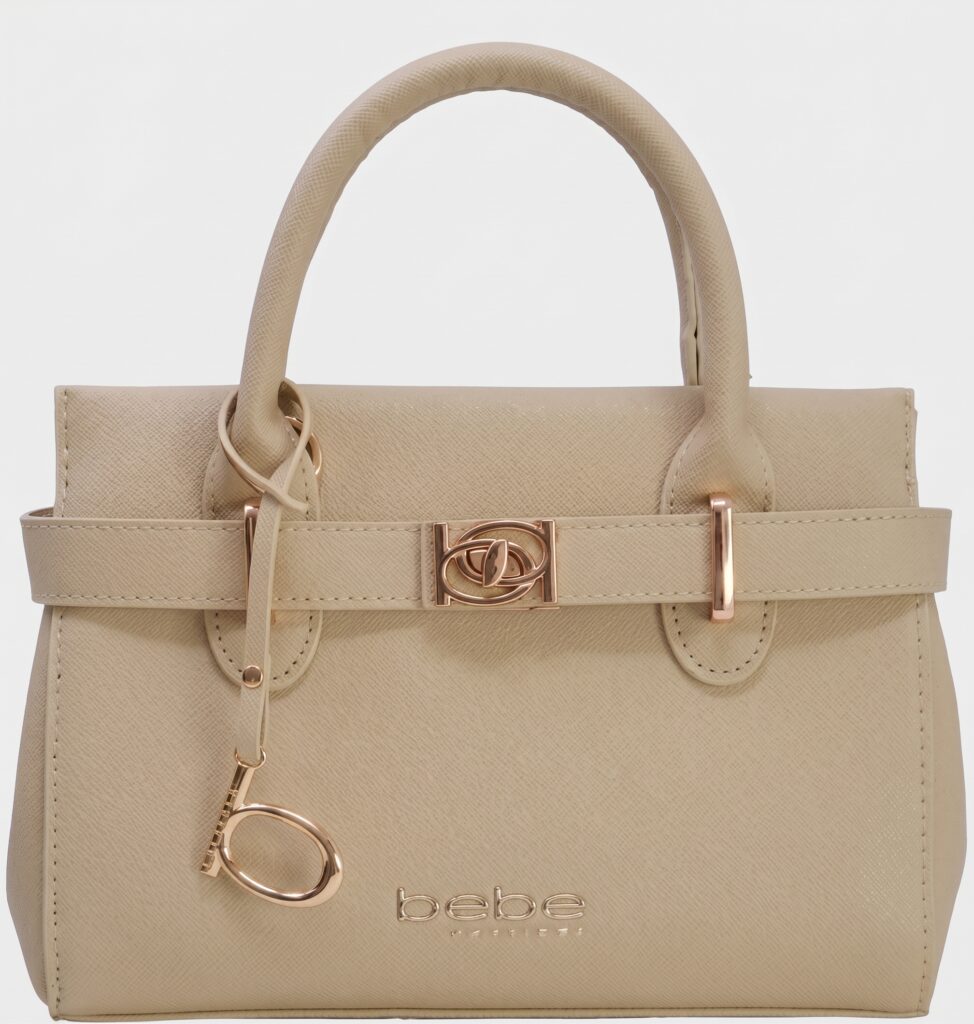 Bebe Evie Small Beige Satchel Top Handle Hand Bag Tote Purse