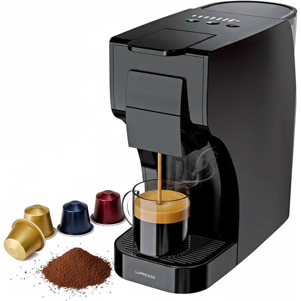 LePresso Trezza Multi-Capsule Coffee Machine 20 Bar, Compatible with Nespresso/Dolce Gusto/Powder, 1350W Rated Power, 1L Water Tank Capacity, Auto Shut-off, Multi-Capsule Support, UK 3-Pin - Black