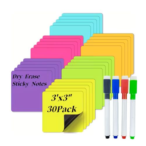 30 Reusable Magnetic Sticky Notes – Erasable Labels with 4 Markers